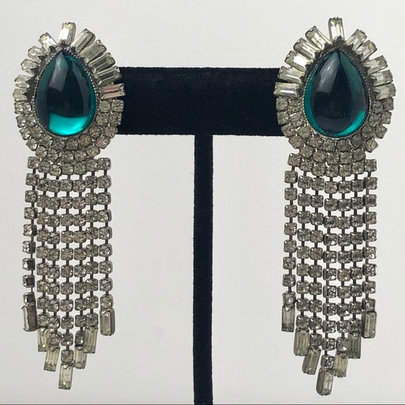 VTG GREEN CABOCHON RHINESTONE DROP EARRINGS - Picture 3 of 12